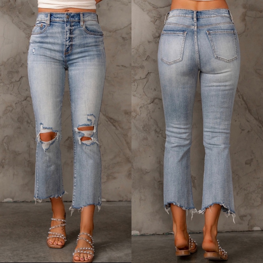 Sky Blue Light Wash Ripped Straight Leg High Waist Jeans